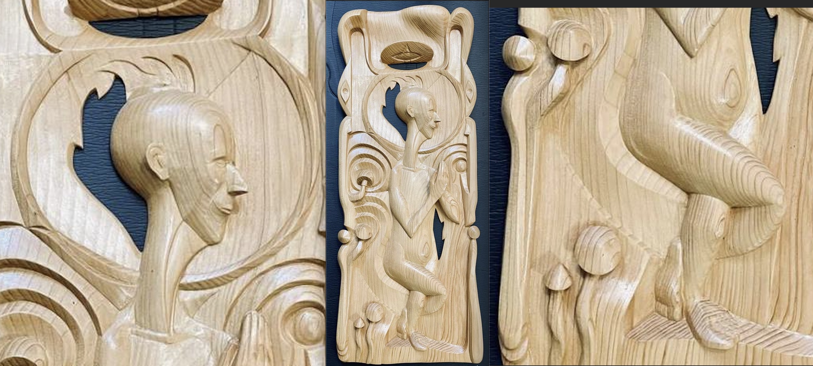 Mushroom Yoga UFO - A cedar wood sculpture depicting a whimsical UFO in yoga pose